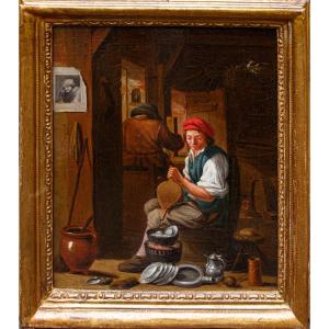 Cerchia di David Teniers (Anversa, 1610 – Bruxelles, 1690), Interno con figure di popolani