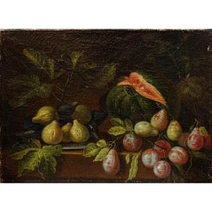 Scuola romana, XVII secolo, Natura morta con zucca, pere e fichi