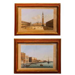 Scuola veneta, XIX secolo, Veduta di Piazza San Marco – Veduta del Bacino di San Marco