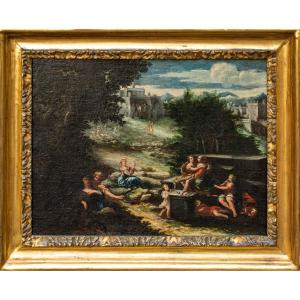 XVII secolo, scuola emiliana. Paesaggio agreste con scene galanti