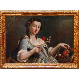 XVIII secolo, cerchia di Pietro Antonio Rotari, Ragazza con cestino di fiori