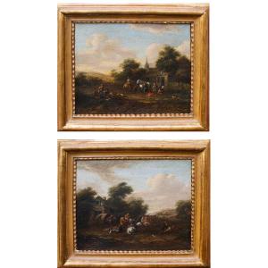Barent Gael (1630/1635 – 1698), Coppia di paesaggi con scene di genere