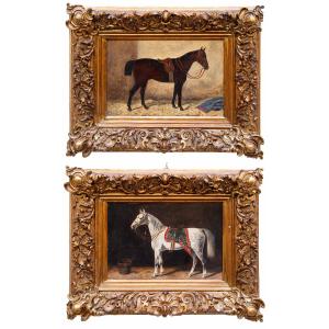 Emil Volkers (Birkenfeld, 1831 - Dusseldorf, 1905), attr., Coppia di cavalli