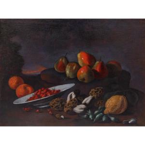 Natura morta con frutta e spugnole