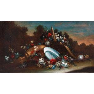 Natura morta con fiori, vasellame e architetture sullo sfondo
