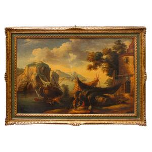 Seguace di Salvator Rosa (Napoli, 1615 – Roma 1673), Veduta con baia