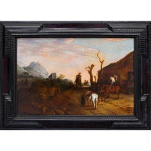 Seguace di Dirk Stoop (Dordrecht, 1610 – Utrecht, 1686), Sentiero con viandanti