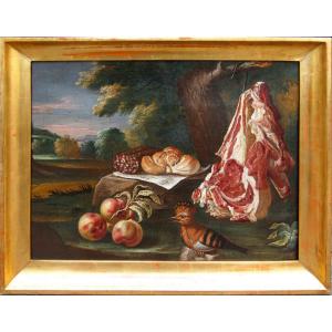 Antonio Rasio (Brescia, post 1677 – ante 1699), Composizione con pane e salame, carne e frutta