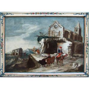 Antonio Travi detto il Sestri, Paesaggio con rovine, contadini e pastori