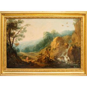 Pittore fiammingo, fine XVII secolo, Paesaggio con pastore e cascatella