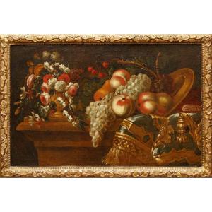 Scuola romana del secolo XVIII, Natura morta con fiori e frutta 