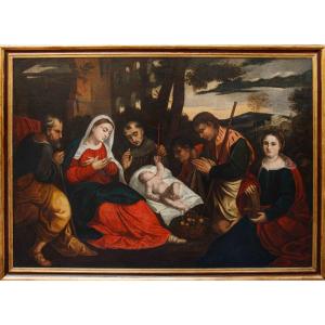 Bottega di Bonifacio de’ Pitati, Adorazione dei pastori  con i Santi Francesco e Caterina