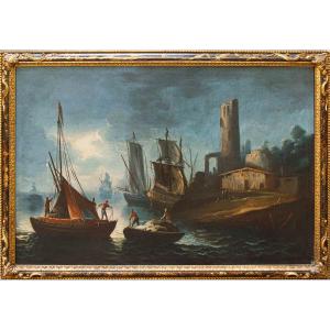Francesco Antoniani (Milano, 1700/1710 - Torino, 1775), Veduta portuale con velieri