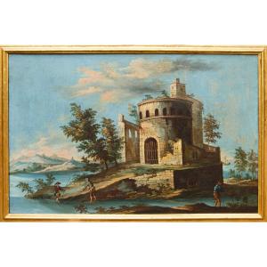 Scuola veneta del XVIII secol, Paesaggio con lago e torre circolare