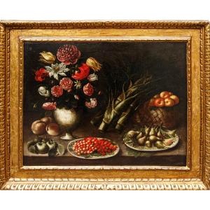 Scuola lombarda del XVII secolo, Natura morta con piatti, fiori e frutta