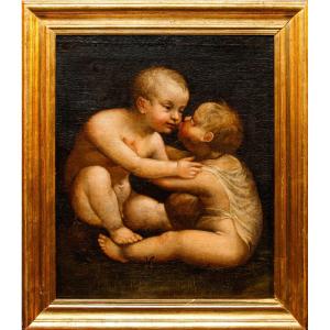 Pittore leonardesco, metà del XVI secolo, Gesù e San Giovannino che si baciano