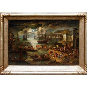 Scuola veneta del XVIII secolo, Marina con pescatori all’alba