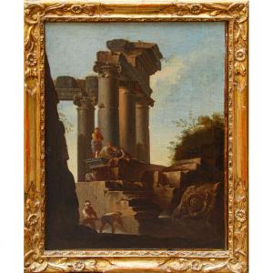 Giovanni Ghisolfi (Milano, 1623 – 1683), Paesaggio con rovine architettoniche e figure