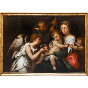 Scuola emiliana, prima metà del XVII secolo, Sacra Famiglia con San Giovannino e un angelo