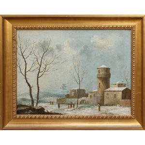 XVIII secolo, Paesaggio innevato con castello e figure