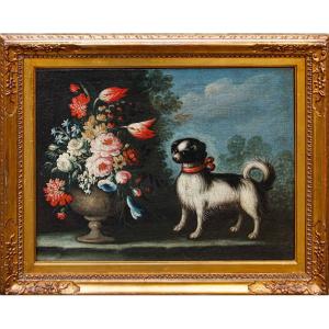 Angelo Zani, noto anche come “Monogrammista A.V.” ( XVIII secolo), Vaso di fiori con cane