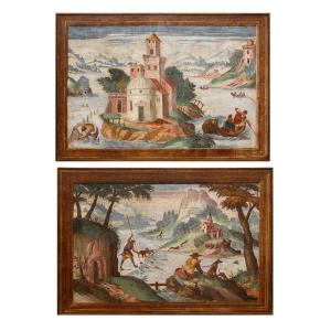 Pietro Baschenis (Bergamo, 1590-1600 – 1630), Coppia di paesaggi fantastici