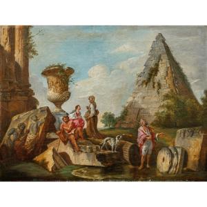 Fine del XVIII secolo, da Giovanni Paolo Panini, Capriccio di Rovine con la Piramide Cestia