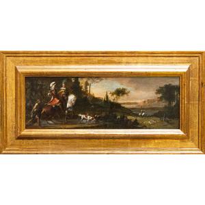 Jan Wyck (1645 - 1702), bottega di, Coppia di nobili a caccia