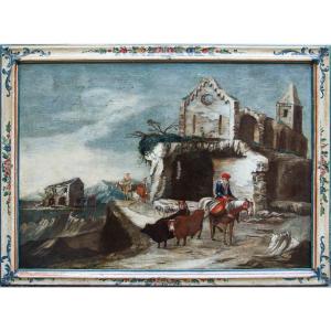 Antonio Travi detto il Sestri (1608 - 1665),Paesaggio con rovine, contadini e pastori