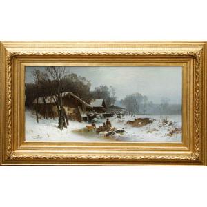 Karl Adam Heinisch (Prudnik (PL), 1847 – 1923), Paesaggio invernale con ruscello ghiacciato