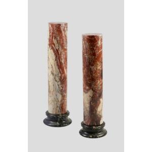 Pair Of Pedestal Columns In Violet Breccia Marble With Sea Green Marble Base - 19th Century