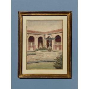 Watercolor Drawing Of The Mulberry Courtyard At The School Of Fine Arts In Paris, 19th Century Architecture, Italy