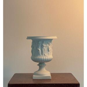 Pair Of Borghese Medici White Biscuit Tealight Vases With Relief Decoration Of Antique Scenes