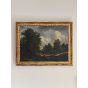Oil On Canvas - Walkers - Landscape - French School Of The 19th Century - Louis XVI