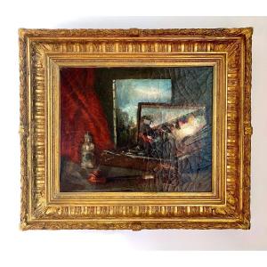 Still Life With Artist's Palette - Oil On Canvas - Romantic - 19th Century 