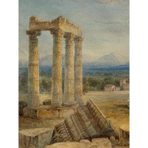 View Of Ruins-baalbek In Lebanon (?)-drawing-watercolor-english School-19th-temple-ancient