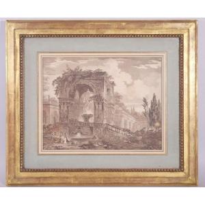 Animated Architectural Caprice At The Fountain - Drawing - Aquatint Engraving After Hubert Robert