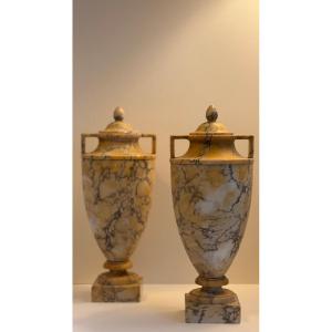 Pair Of Covered Yellow Marble Urns - Vase - 19th Century - Neoclassical