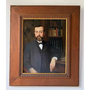 Portrait Man , Library Interior Scene Painting Oil On Canvas XIX Jean Beauduin, Belgian