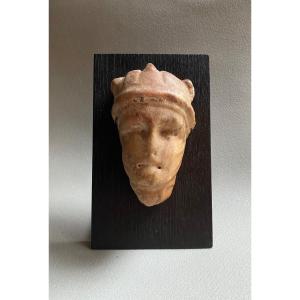 Ancient Roman Marble Bas Relief Portrait Man Auriga With Horned Helmet Top Of Pillar Column