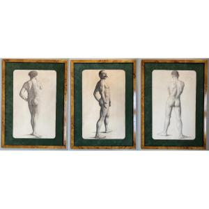 Three Academic Drawings Of A Nude Man Portrait, 19th Century, National School Of Decorative Arts