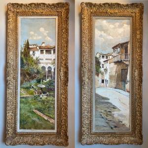 Toledo Garden Landscape Pair Paintings José Lupiáñez Carrasco Spain School Of Carlos De Haes