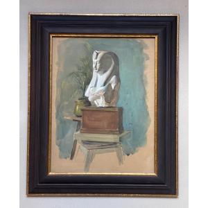 Still Life With An Ancient Egyptian Bust On A Sculptor's Stand, Late 19th Century Painting