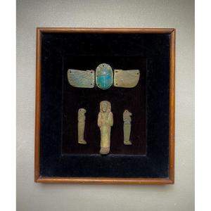 Composition Of Ancient Egyptian Amulets: Scarab, Horus, Ushabti, Blue Faience 
