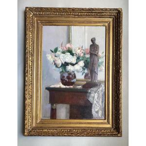 Still Life With Venus & Vase Of Flowers, André Advier, Oil On Canvas, Early 20th Century 