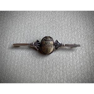 Antique Egyptian Faience Scarab Mounted As A Silver Brooch With An Art Deco Palm Tree Motif
