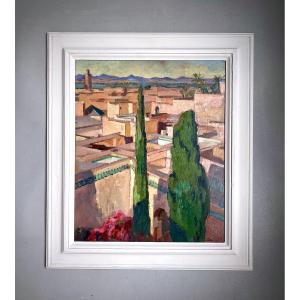 Jean Baldoui (1890-1955) View Of Marrakech Oil On Panel Orientalist Painting Morocco
