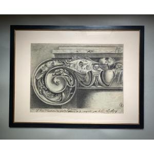 Large Architectural Drawing Ionic Capital After Ancient Roman Art, French School XIX