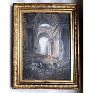 Hubert Robert (after) Large Animated Scene In The Columned Ruins Of An Ancient Roman Monument