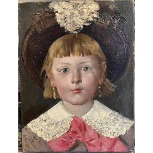 Théodore Rivière (1857-1912) Portrait Of A Little Girl Oil On Canvas 